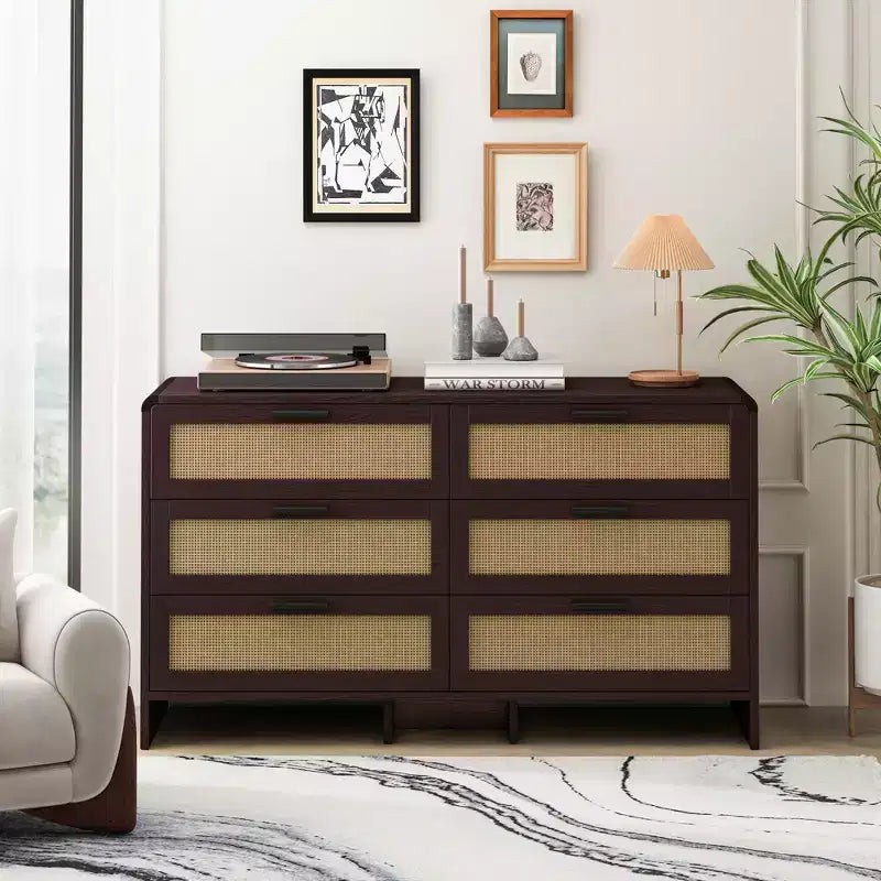 Commode en rotin à 6 tiroirs, Armoire de rangement d'angle en rotin en forme d'arc pour salon et chambre à coucher - ModernLuxe