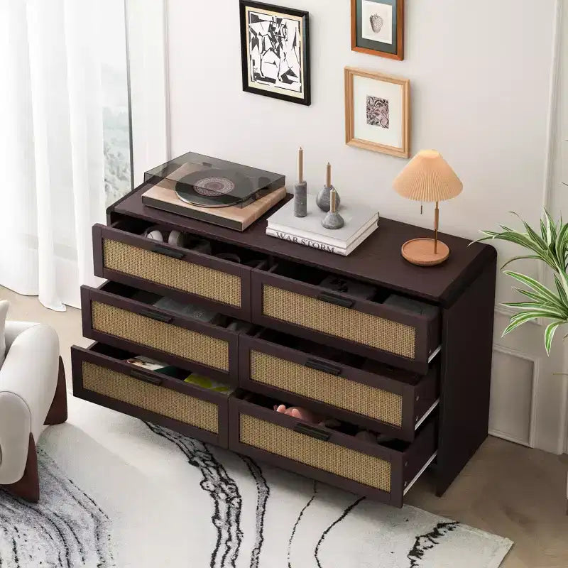 Commode en rotin 6 tiroirs, armoire de rangement d'angle en rotin en forme d'arc pour salon, chambre - ModernLuxe