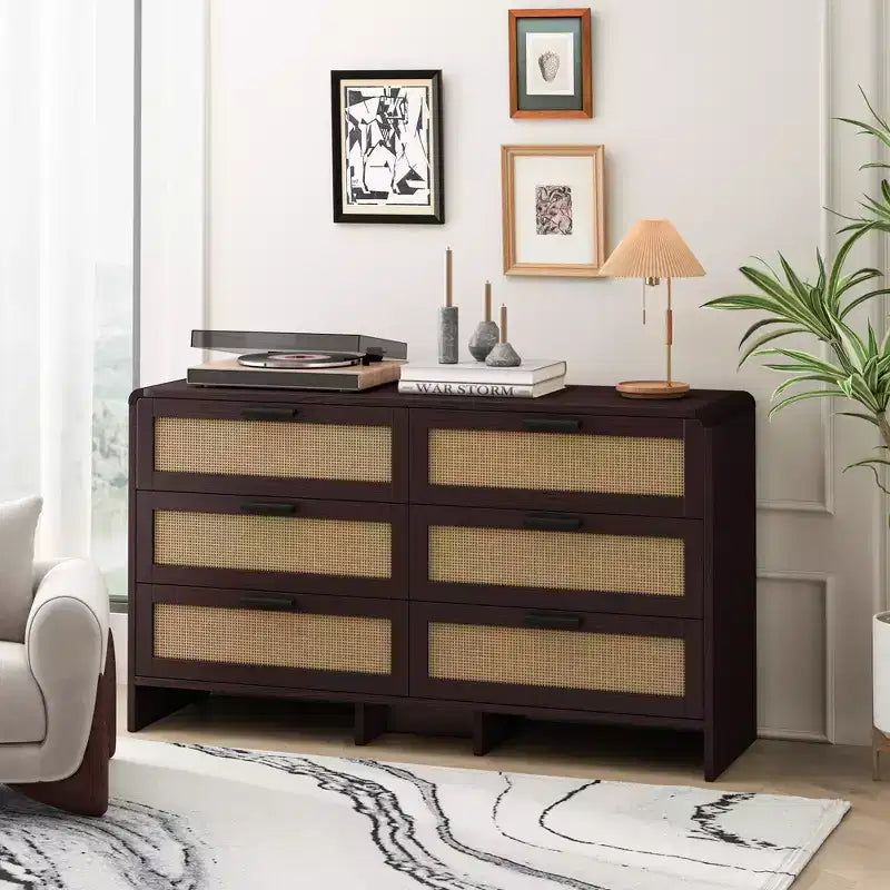 Commode en rotin 6 tiroirs, armoire de rangement d'angle en rotin en forme d'arc pour salon, chambre - ModernLuxe