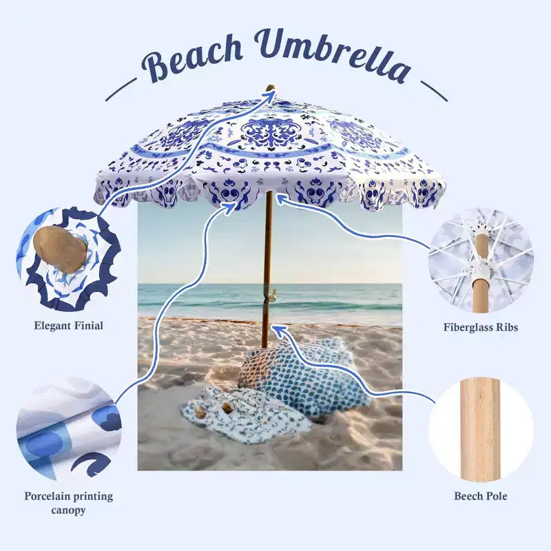 LAGarden Notre parasol de plage portable pour le sable, mât en bois de hêtre, sac de transport