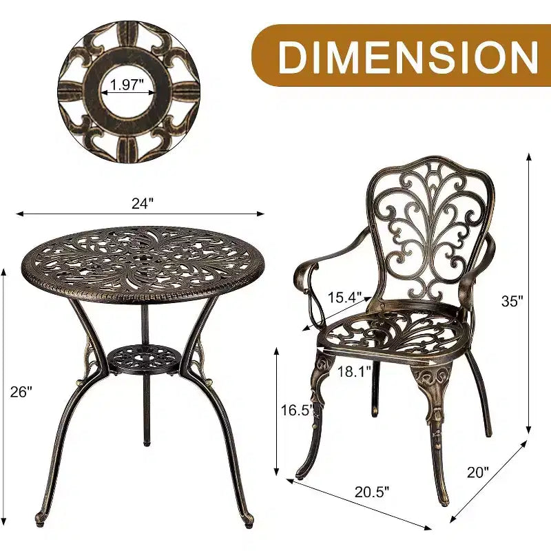 Ensemble bistro d'extérieur 3 pièces - Table et chaises de patio en fonte d'aluminium tout temps avec trou pour parasol pour jardin, balcon et bord de piscine