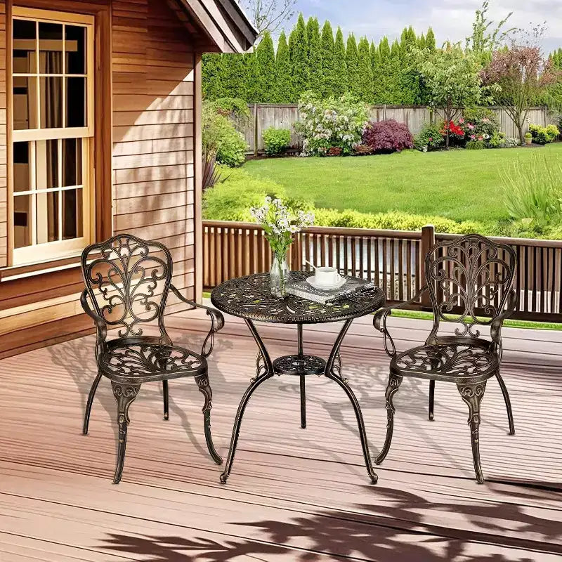 Ensemble bistro d'extérieur 3 pièces - Table et chaises de patio en fonte d'aluminium tout temps avec trou pour parasol pour jardin, balcon et bord de piscine