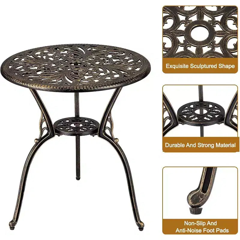 Ensemble bistro d'extérieur 3 pièces - Table et chaises de patio en fonte d'aluminium tout temps avec trou pour parasol pour jardin, balcon et bord de piscine