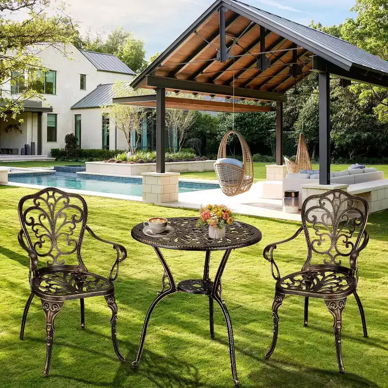 Ensemble bistro d'extérieur 3 pièces - Table et chaises de patio en fonte d'aluminium tout temps avec trou pour parasol pour jardin, balcon et bord de piscine