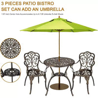 Ensemble bistro d'extérieur 3 pièces - Table et chaises de patio en fonte d'aluminium tout temps avec trou pour parasol pour jardin, balcon et bord de piscine