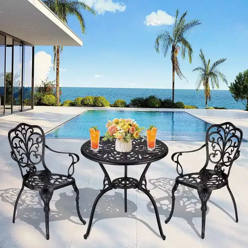Ensemble bistro d'extérieur 3 pièces - Table et chaises de patio en fonte d'aluminium tout temps avec trou pour parasol pour jardin, balcon et bord de piscine