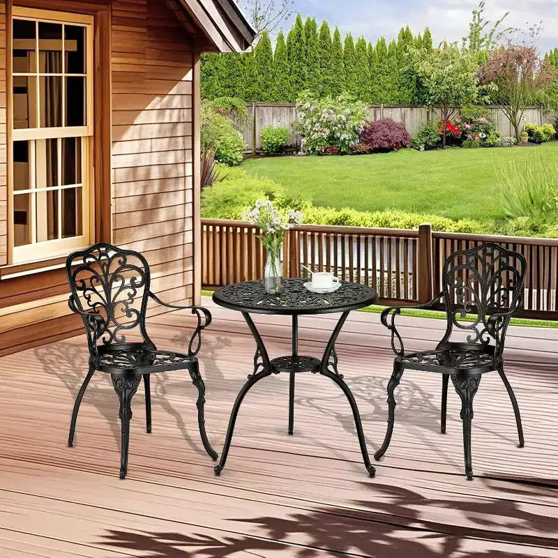 Ensemble bistro d'extérieur 3 pièces - Table et chaises de patio en fonte d'aluminium tout temps avec trou pour parasol pour jardin, balcon et bord de piscine