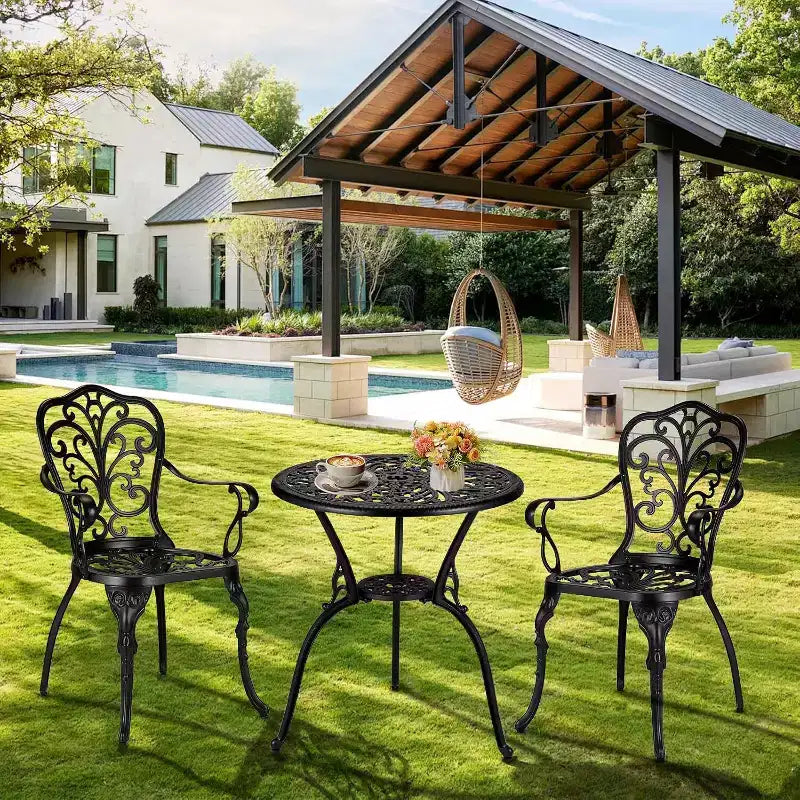 Ensemble bistro d'extérieur 3 pièces - Table et chaises de patio en fonte d'aluminium tout temps avec trou pour parasol pour jardin, balcon et bord de piscine