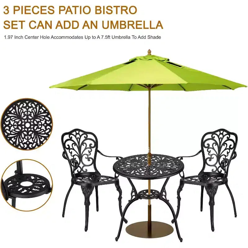 Ensemble bistro d'extérieur 3 pièces - Table et chaises de patio en fonte d'aluminium tout temps avec trou pour parasol pour jardin, balcon et bord de piscine