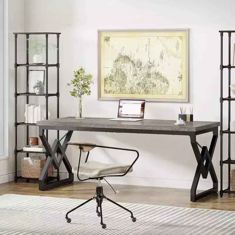 Bureau exécutif Lantine 62.99 pouces, grand bureau d'ordinateur de bureau avec plateau en bois extra épais et structure métallique