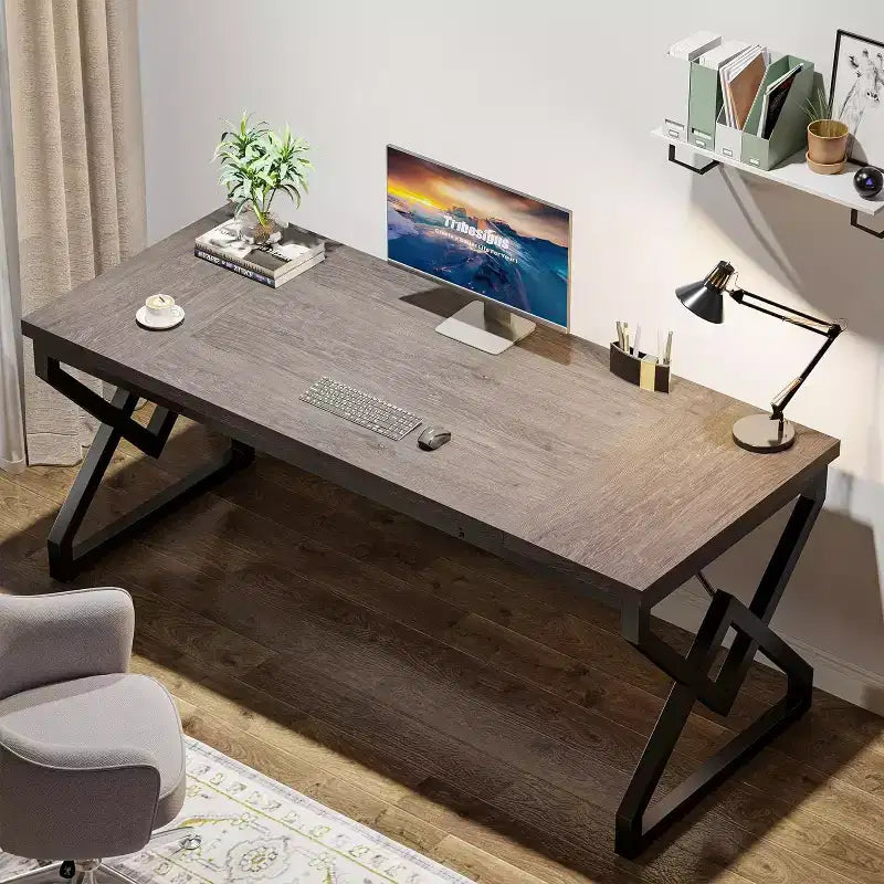 Bureau exécutif Lantine 62.99 pouces, grand bureau d'ordinateur de bureau avec plateau en bois extra épais et structure métallique