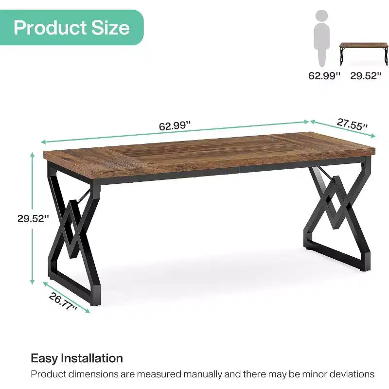 Bureau exécutif Lantine 62.99 pouces, grand bureau d'ordinateur de bureau avec plateau en bois extra épais et structure métallique