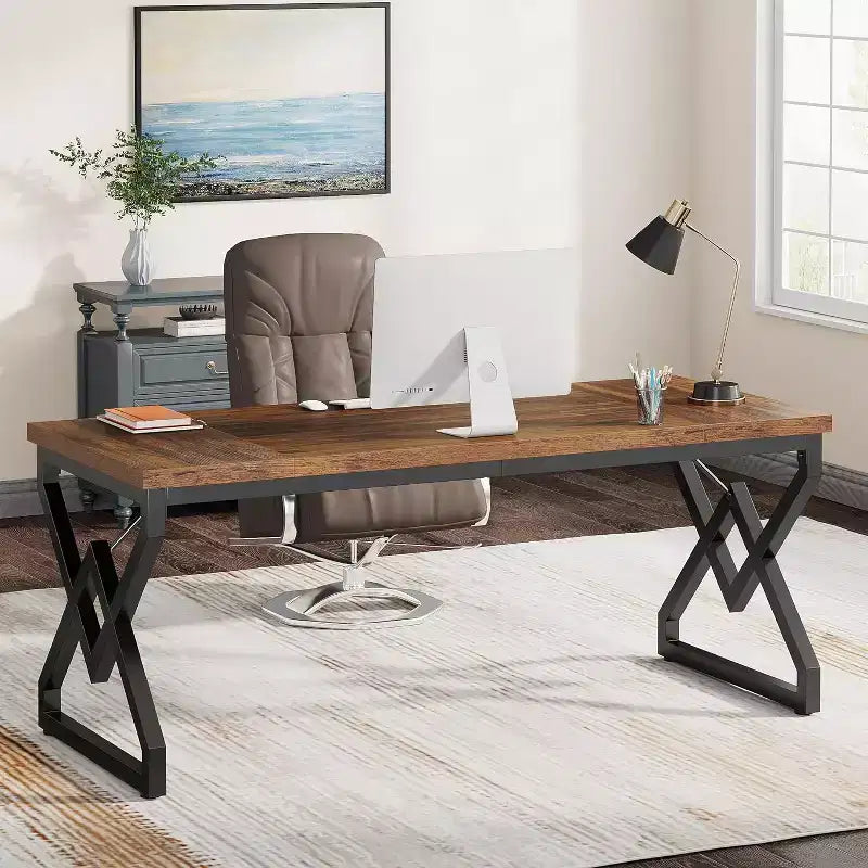 Bureau exécutif Lantine 62.99 pouces, grand bureau d'ordinateur de bureau avec plateau en bois extra épais et structure métallique