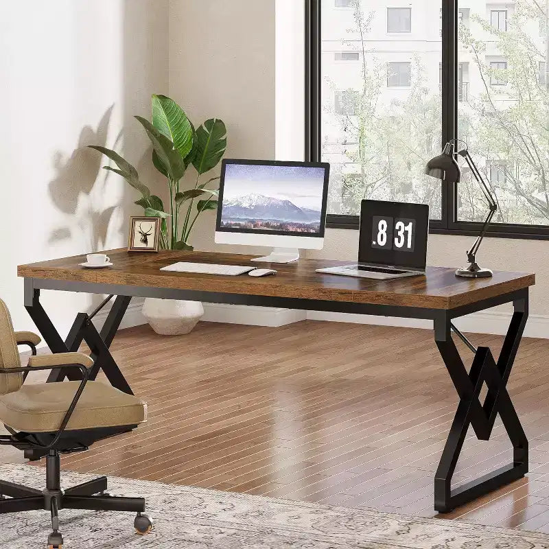 Bureau exécutif Lantine 62.99 pouces, grand bureau d'ordinateur de bureau avec plateau en bois extra épais et structure métallique
