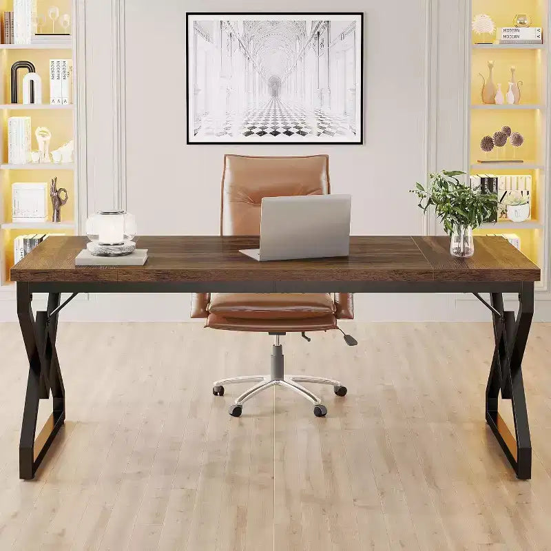 Bureau exécutif Lantine 62.99 pouces, grand bureau d'ordinateur de bureau avec plateau en bois extra épais et structure métallique