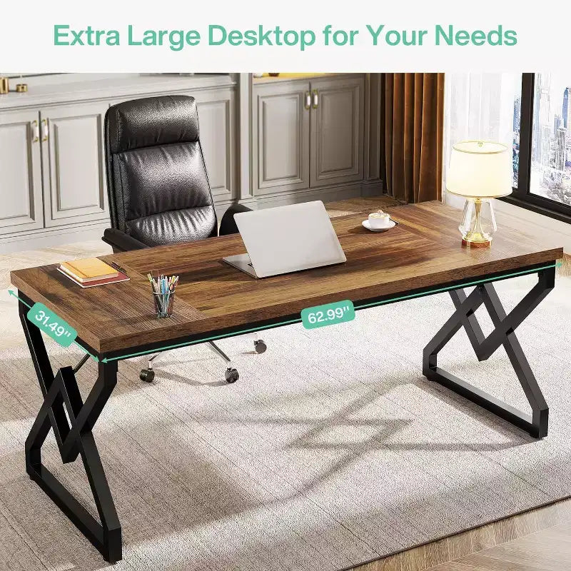 Bureau exécutif Lantine 62.99 pouces, grand bureau d'ordinateur de bureau avec plateau en bois extra épais et structure métallique