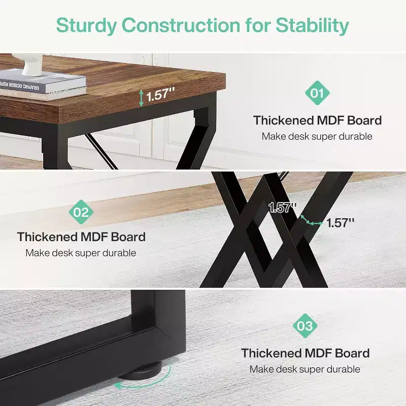 Bureau exécutif Lantine 62.99 pouces, grand bureau d'ordinateur de bureau avec plateau en bois extra épais et structure métallique