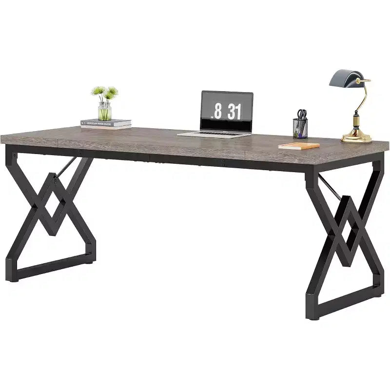 Lantine 62.99 Inch Executive Desk, Large Office Computer Desk with Extra Thick Wooden Tabletop and Metal Frame