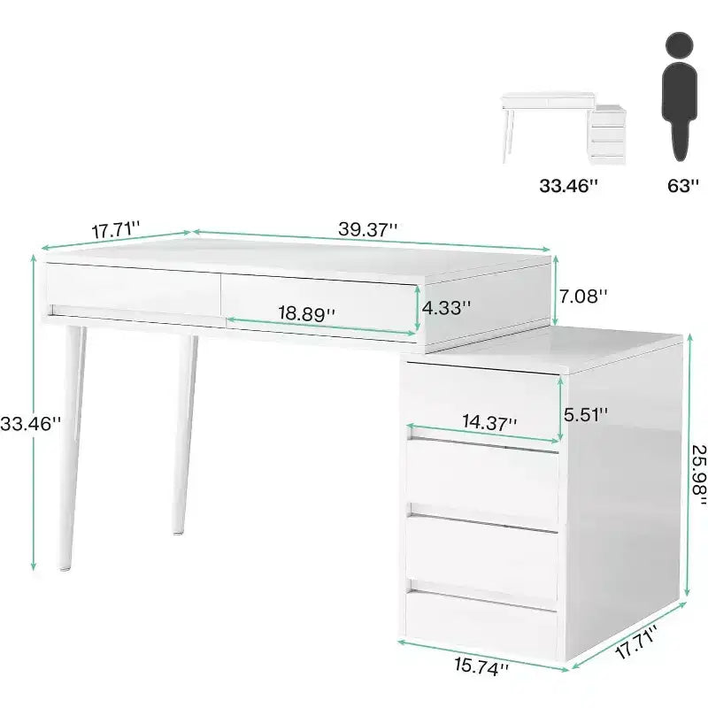 Lantine bureau blanc avec 5 tiroirs, bureau à domicile moderne avec tiroirs de rangement et support d'imprimante