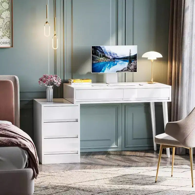 Lantine bureau blanc avec 5 tiroirs, bureau à domicile moderne avec tiroirs de rangement et support d'imprimante