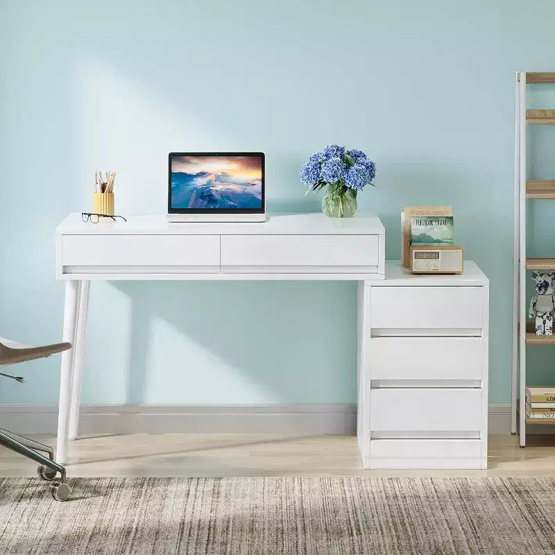 Lantine bureau blanc avec 5 tiroirs, bureau à domicile moderne avec tiroirs de rangement et support d'imprimante