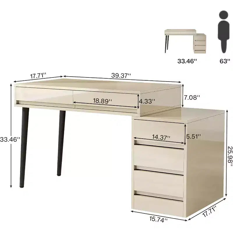 Lantine bureau blanc avec 5 tiroirs, bureau à domicile moderne avec tiroirs de rangement et support d'imprimante
