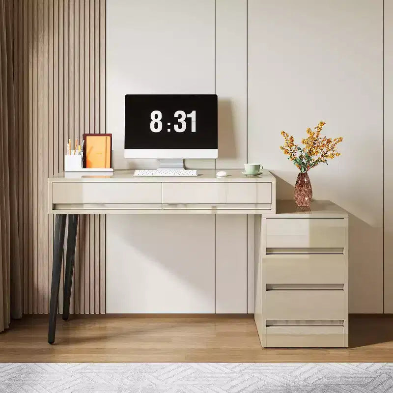 Lantine bureau blanc avec 5 tiroirs, bureau à domicile moderne avec tiroirs de rangement et support d'imprimante