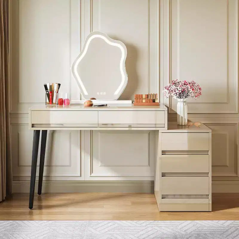 Lantine bureau blanc avec 5 tiroirs, bureau à domicile moderne avec tiroirs de rangement et support d'imprimante