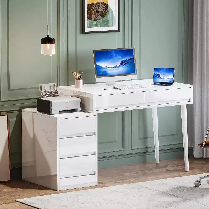 Lantine bureau blanc avec 5 tiroirs, bureau à domicile moderne avec tiroirs de rangement et support d'imprimante