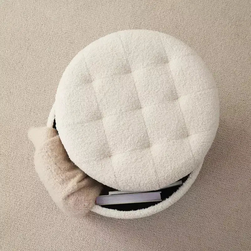 Ottoman de rangement rond capitonné en bouclette Ornavo Home Donovan - Blanc