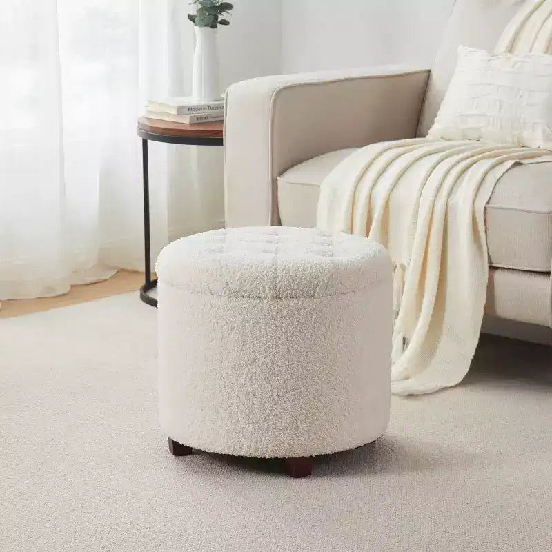 Ottoman de rangement rond capitonné en bouclette Ornavo Home Donovan - Blanc
