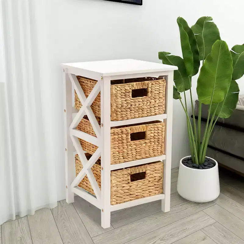 Table d'appoint eHemco 3 niveaux en X, meuble de rangement avec 3 paniers naturels en jacinthe d'eau tressée