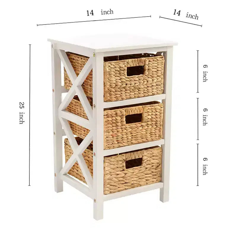 Table d'appoint eHemco 3 niveaux en X, meuble de rangement avec 3 paniers naturels en jacinthe d'eau tressée