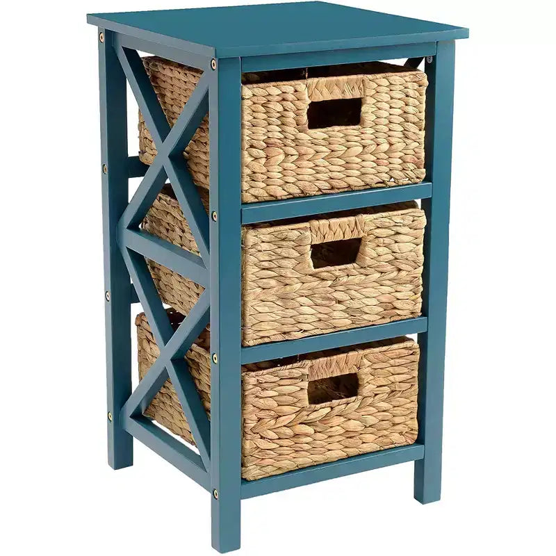 Table d'appoint eHemco 3 niveaux en X, meuble de rangement avec 3 paniers naturels en jacinthe d'eau tressée