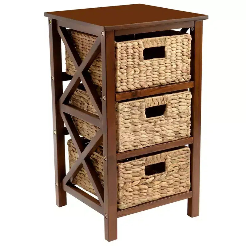 Table d'appoint eHemco 3 niveaux en X, meuble de rangement avec 3 paniers naturels en jacinthe d'eau tressée