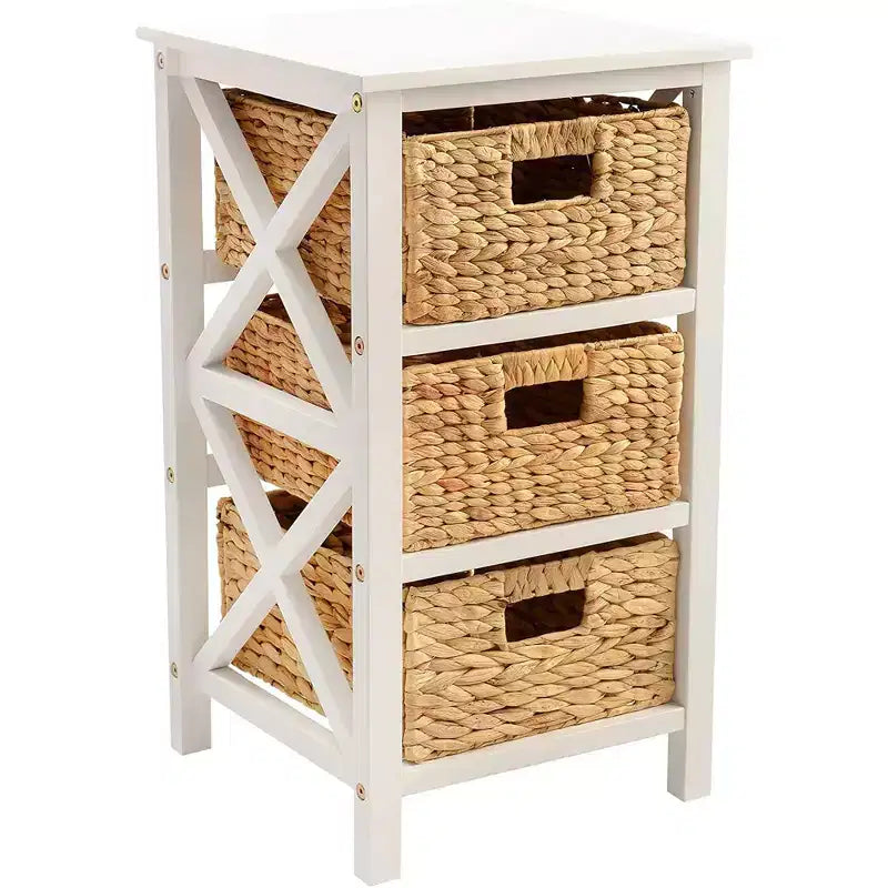 Table d'appoint eHemco 3 niveaux en X, meuble de rangement avec 3 paniers naturels en jacinthe d'eau tressée