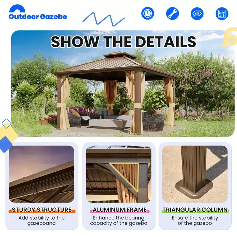 EROMMY Gazebo de patio en aluminium, gazebo à toit rigide avec toit en acier galvanisé et cadre en aluminium