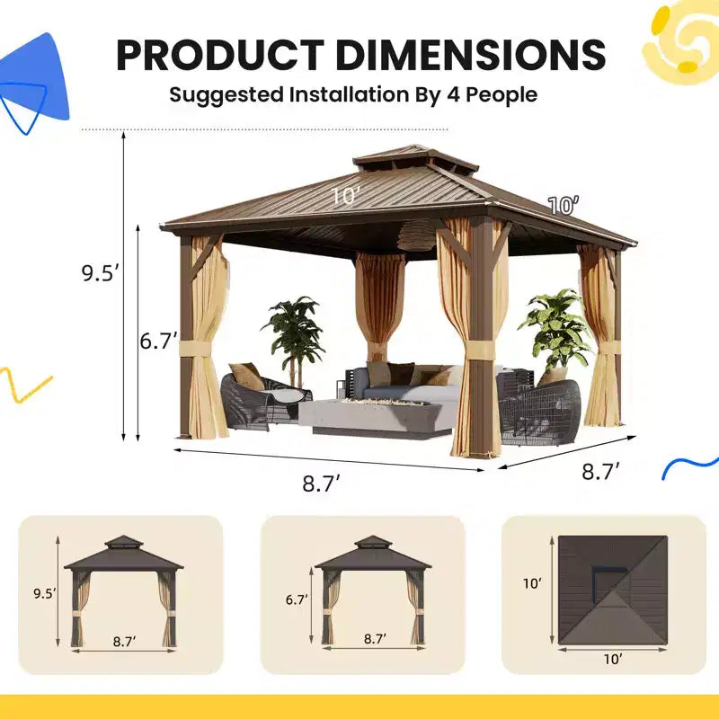 EROMMY Gazebo de patio en aluminium, gazebo à toit rigide avec toit en acier galvanisé et cadre en aluminium