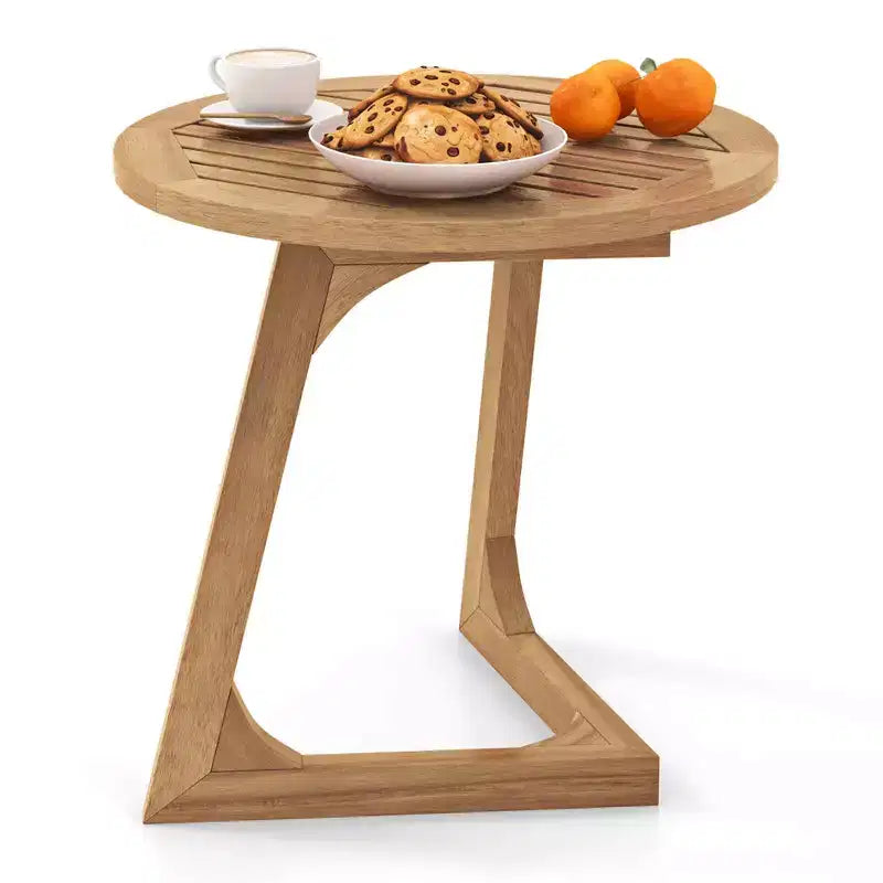 Costway lot de 1/2 table d'appoint ronde en bois de teck table d'extrémité sofa avec plateau à lattes table de chevet