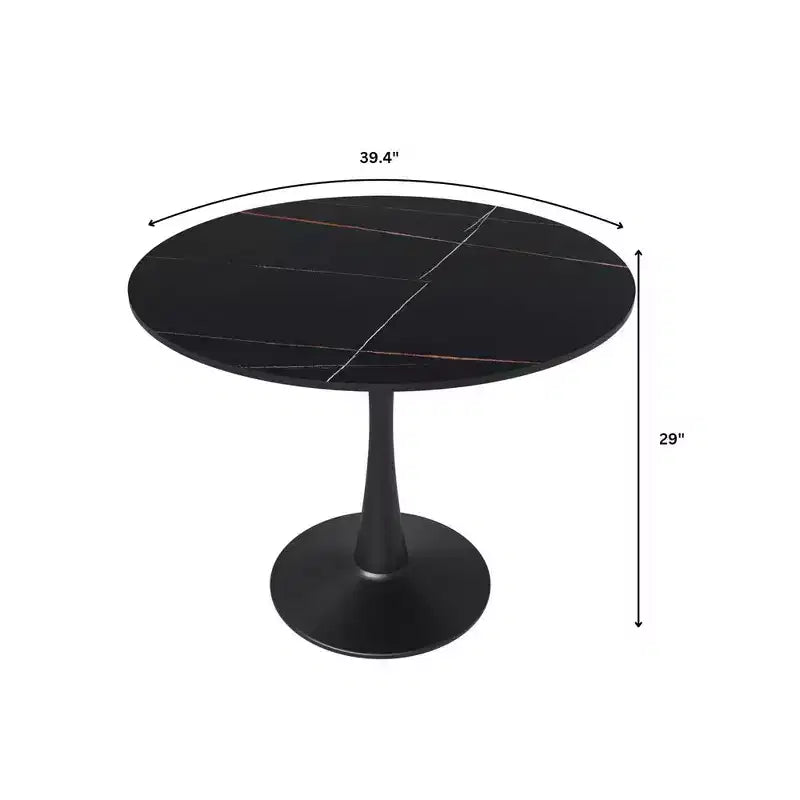 LeisureMod Bristol 40 table de salle à manger ronde, plateau en pierre frittée table café d'appoint et base piédestal robuste en acier noir pour cuisine et petits espaces