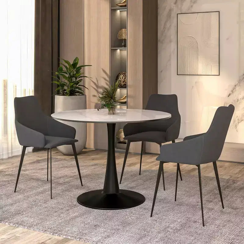 LeisureMod Bristol 40 table de salle à manger ronde, plateau en pierre frittée table café d'appoint et base piédestal robuste en acier noir pour cuisine et petits espaces