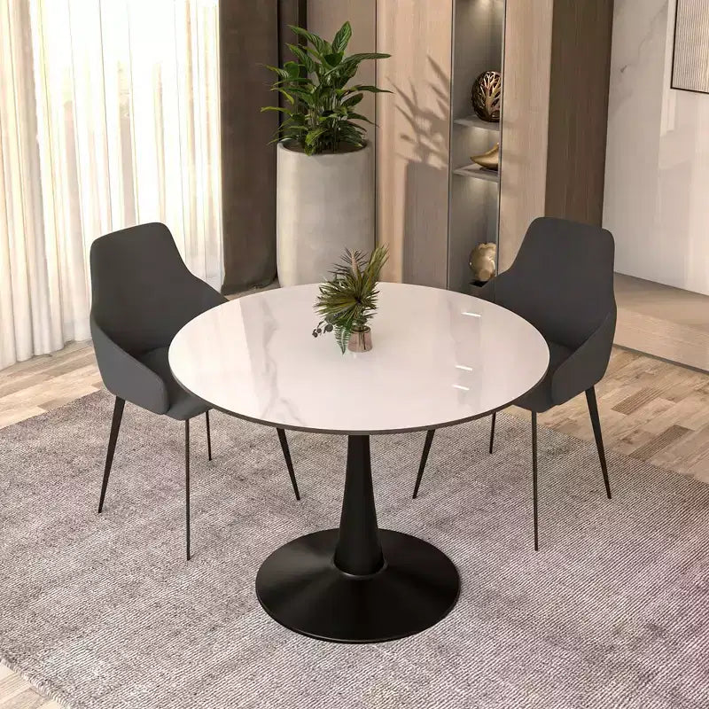LeisureMod Bristol 40 table de salle à manger ronde, plateau en pierre frittée table café d'appoint et base piédestal robuste en acier noir pour cuisine et petits espaces