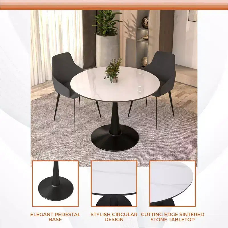 LeisureMod Bristol 40 table de salle à manger ronde, plateau en pierre frittée table café d'appoint et base piédestal robuste en acier noir pour cuisine et petits espaces
