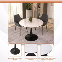 LeisureMod Bristol 40 table de salle à manger ronde, plateau en pierre frittée table café d'appoint et base piédestal robuste en acier noir pour cuisine et petits espaces