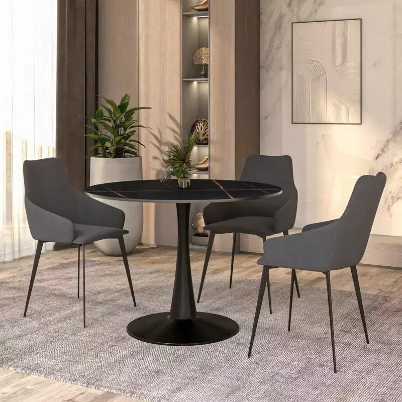 LeisureMod Bristol 40 table de salle à manger ronde, plateau en pierre frittée table café d'appoint et base piédestal robuste en acier noir pour cuisine et petits espaces