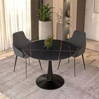 LeisureMod Bristol 40 table de salle à manger ronde, plateau en pierre frittée table café d'appoint et base piédestal robuste en acier noir pour cuisine et petits espaces