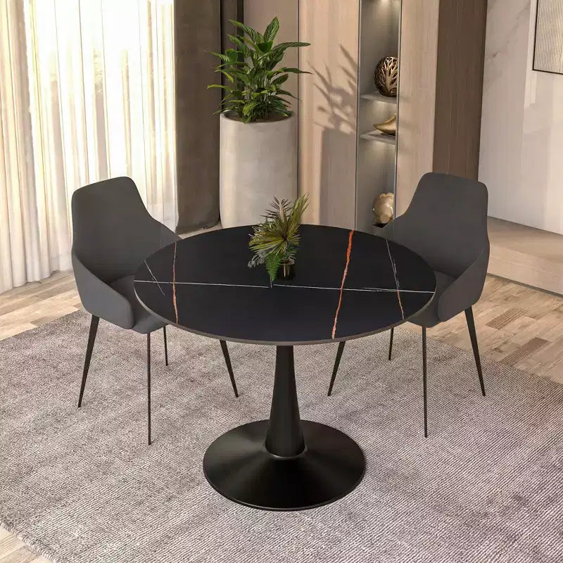 LeisureMod Bristol 40 table de salle à manger ronde, plateau en pierre frittée table café d'appoint et base piédestal robuste en acier noir pour cuisine et petits espaces