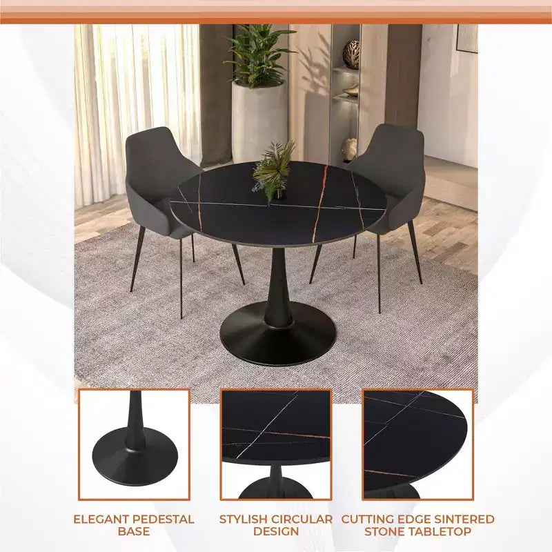 LeisureMod Bristol 40 table de salle à manger ronde, plateau en pierre frittée table café d'appoint et base piédestal robuste en acier noir pour cuisine et petits espaces