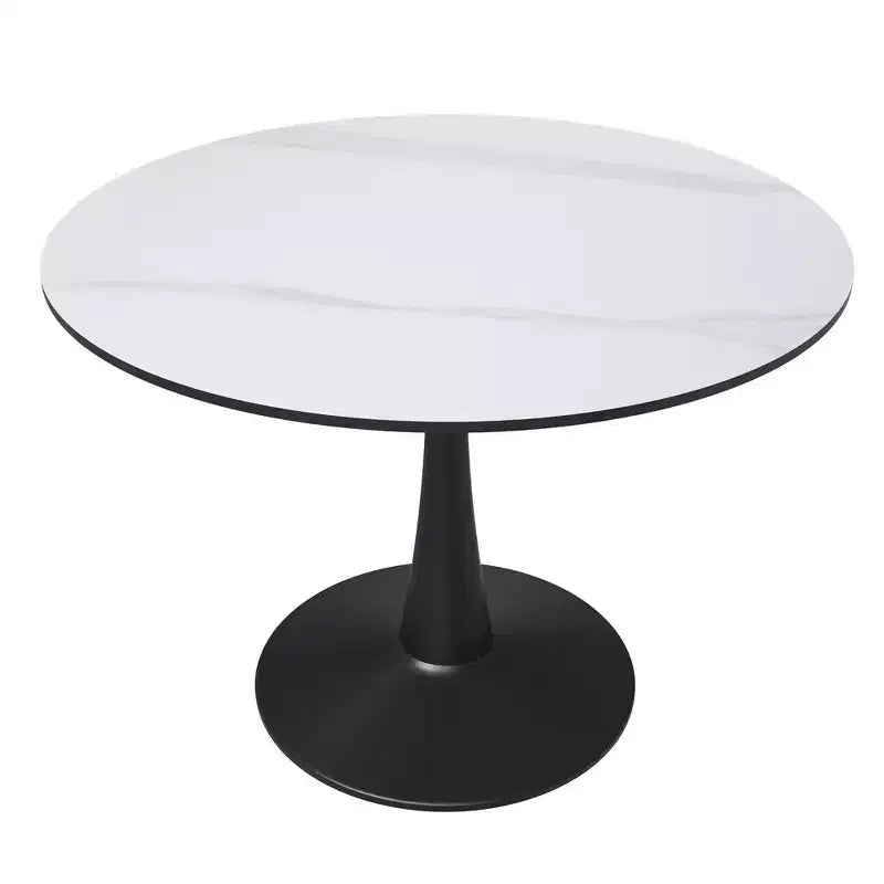 LeisureMod Bristol 40 table de salle à manger ronde, plateau en pierre frittée table café d'appoint et base piédestal robuste en acier noir pour cuisine et petits espaces