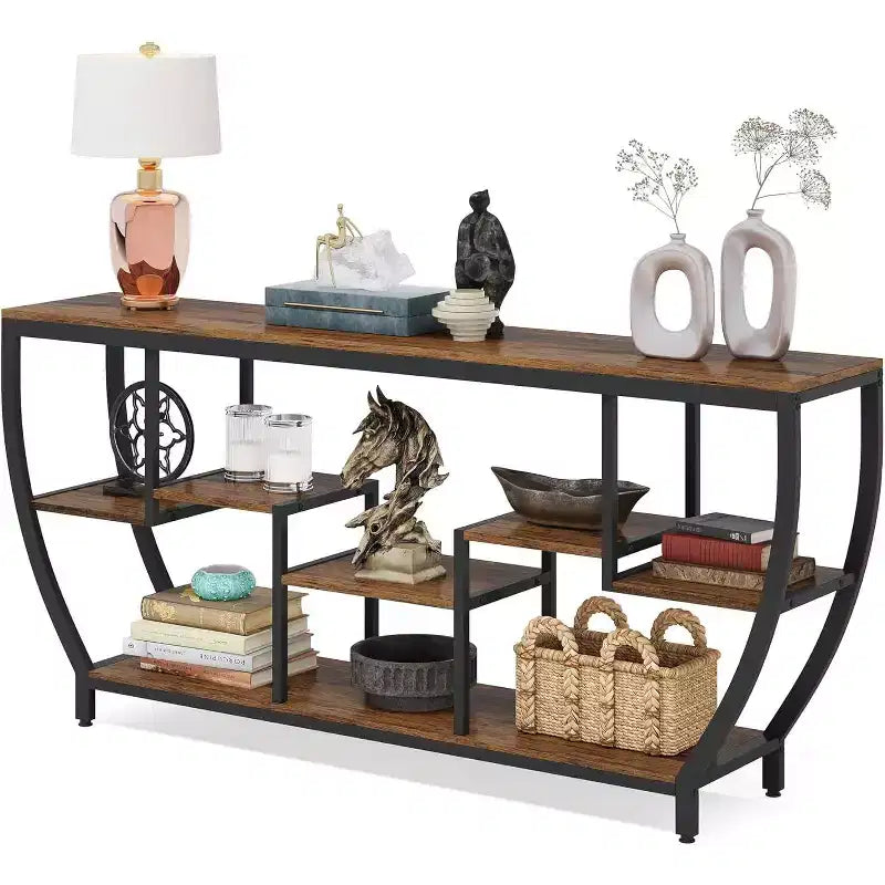 Table console longue Lantine de 179,9 cm avec étagères, table d'appoint rustique avec rangement, meuble TV de style industriel